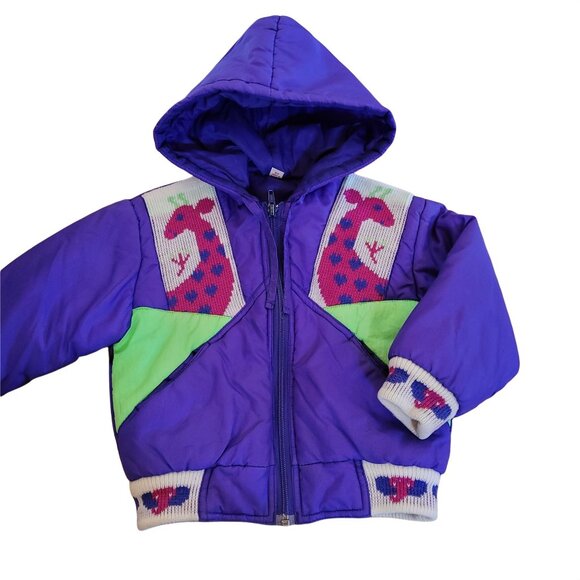 Unbranded Other - Vintage 1980s Kids 3T Hooded Jacket Purple Neon Green Hooded Giraffes Elephants.